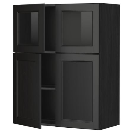 Навесной шкаф, полки, 2 двери, 2 стеклянные дверцы МЕТОД, черный, Лаксарби черно-коричневый (80x100 см)