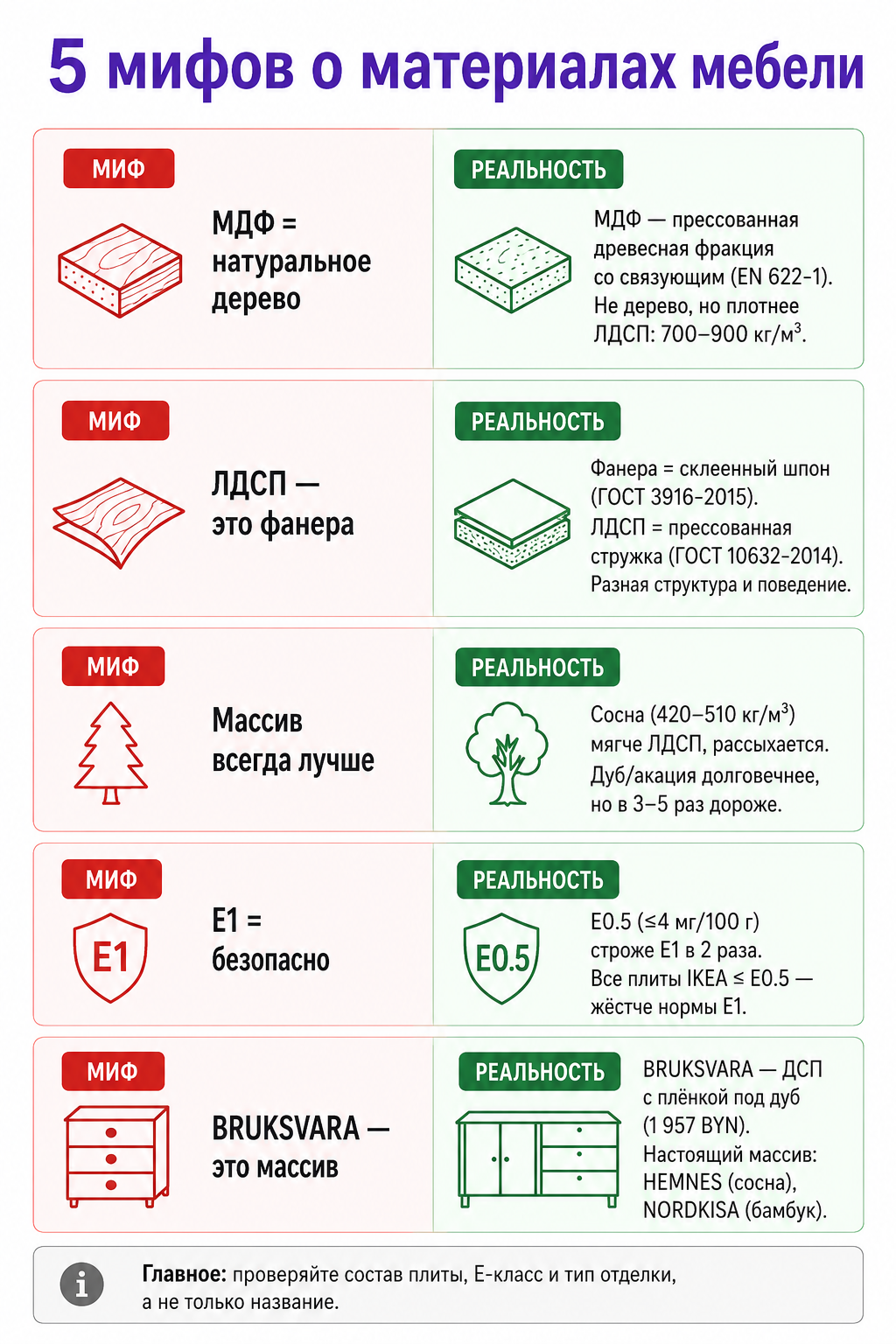 5 мифов о материалах мебели: МДФ не дерево, ЛДСП не фанера, E0.5 строже E1, BRUKSVARA не массив