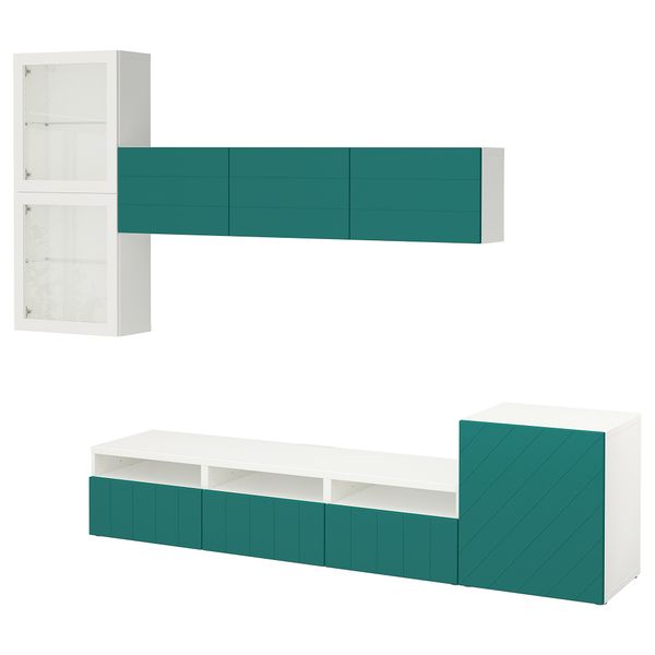 Шкаф для ТВ, комбинированный, стекляные дверцы БЕСТО, белый Халлставик, сине-зеленый прозрачное стекло (300x20/40x211 см) - фото 1