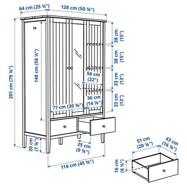 GULLABERG Гардероб - серый 128x64x201 см - схема-чертеж с размерами