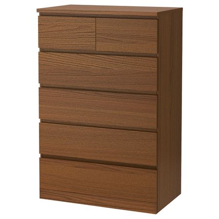 Комод с 6 ящиками, коричневая морилка ясеневый шпон 80x123 см IKEA MALM МАЛЬМ 604.035.98