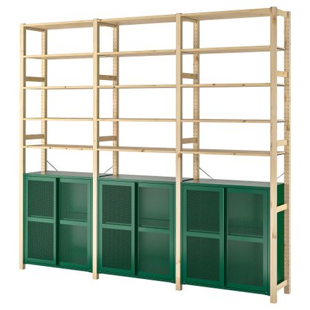 3 секции, шкаф, полки, 259x30x226 см, сосна, зеленый сетка IKEA IVAR ИВАР 894.038.28