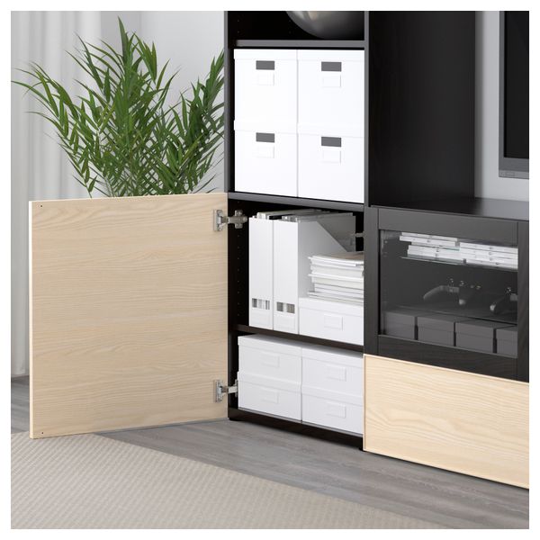 Шкаф для ТВ, комбинированный, стекляные дверцы БЕСТО, черно-коричневый Инвикен, ясеневый шпон прозрачное стекло (240x40x230 см) - фото 3