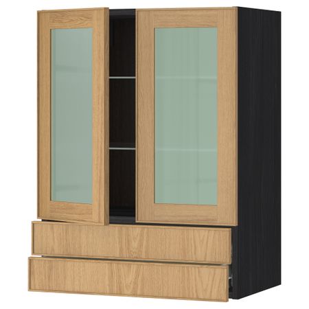 Навесной шкаф, 2 стеклянные дверцы, 2 ящика МЕТОД / ФОРВАРА, черный, Экестад дуб