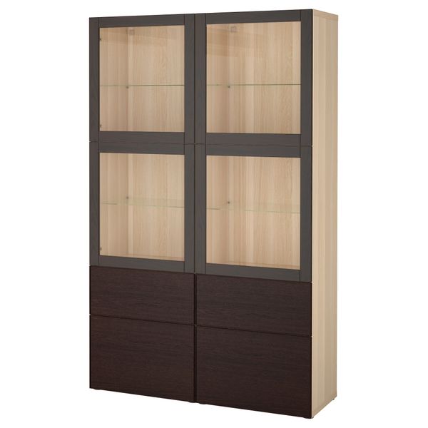 Комбинация для хранения со стеклянными дверцами БЕСТО, под беленый дуб Синдвик, Инвикен черно-коричневый прозрачное стекло - фото 1