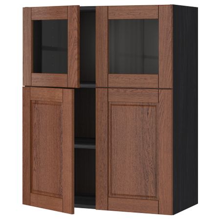 Навесной шкаф, полки, 2 двери, 2 стеклянные дверцы МЕТОД, черный, Филипстад коричневый (80x100 см)