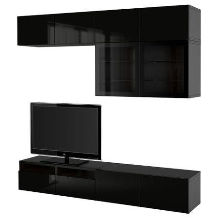 Шкаф для ТВ, комбинированный, стекляные дверцы БЕСТО, черно-коричневый, Сельсвикен глянцевый/черный прозрачное стекло