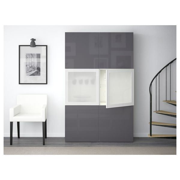 Комбинация для хранения со стеклянными дверцами БЕСТО, белый, Сельсвикен глянцевый/серый матовое стекло (120x40x192 см) - фото 2