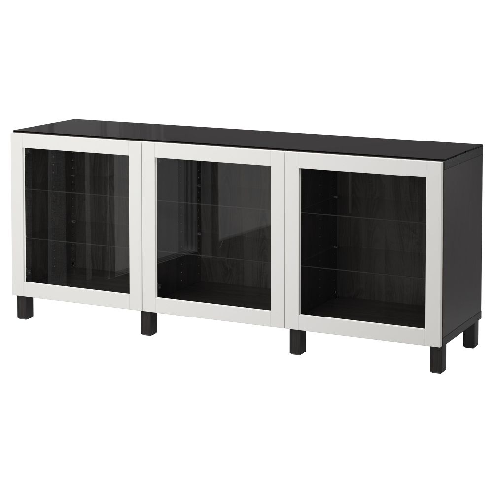 Комбинация для хранения с дверцами БЕСТО, черно-коричневый, Синдвик светло-серый прозрачное стекло (180x40x74 см) - фото 1