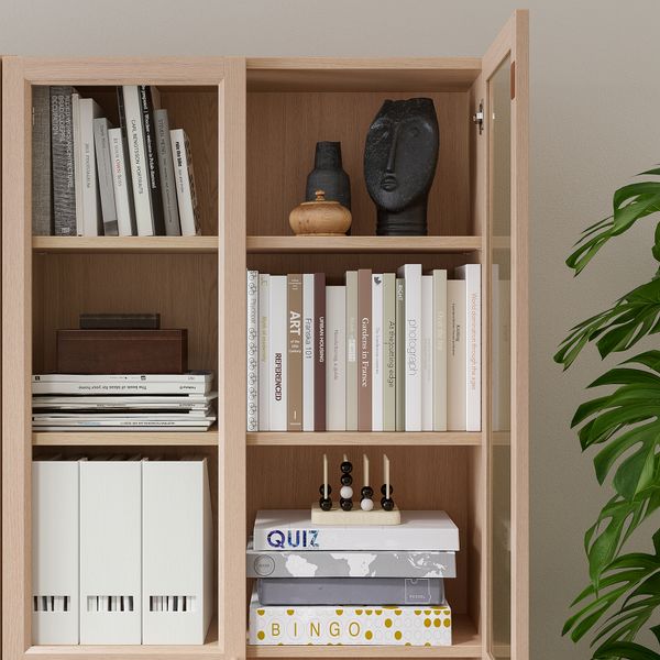 Стеллаж, панельные, стеклянные двери, 80x30x202 см, дубовый шпон, беленый IKEA BILLY БИЛЛИ 392.817.73 - фото 4