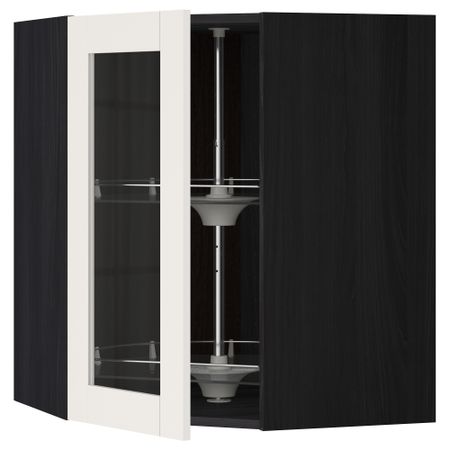 Угловой навесной шкаф с вращающающейся секцией, стеклянными дверцами МЕТОД, черный, Сэведаль белый