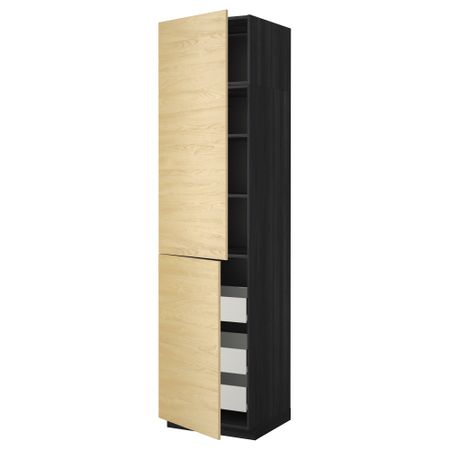 Высокий шкаф + полки, 3 ящика, 2 дверцы МЕТОД / ФОРВАРА, черный, Тингсрид береза