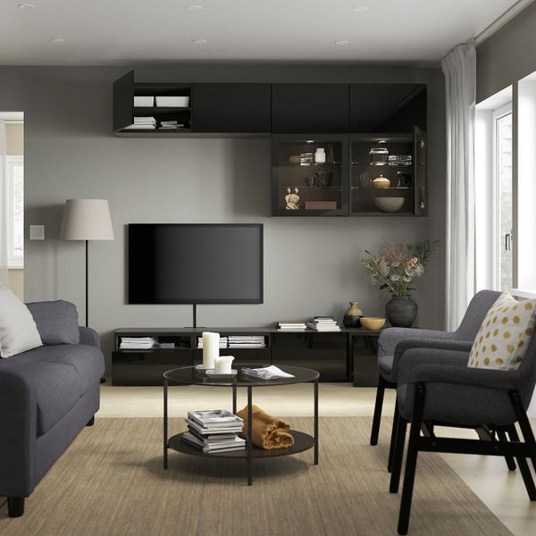 Шкаф для ТВ, комбинированный, стекляные дверцы, черно-коричневый/Сельсвикен глянцевый, черный прозрачное стекло 240x42x231 см - фото 2