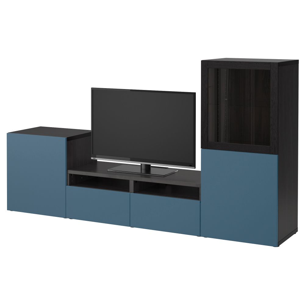 Шкаф для ТВ, комбинированный, стекляные дверцы БЕСТО, черно-коричневый Вальвикен, темно-синий прозрачное стекло (240x40x128 см) - фото 1