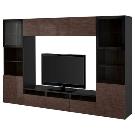 Шкаф для ТВ, комбинированный, стекляные дверцы БЕСТО, черно-коричневый, Сельсвикен глянцевый/коричневый прозрач стекло
