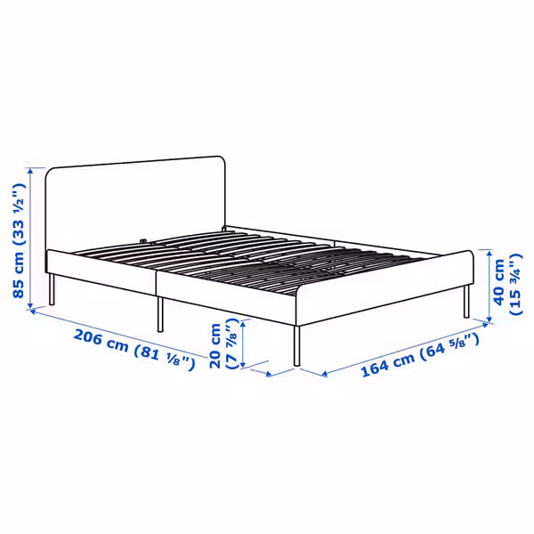 SLATTUM Каркас кровати с обивкой - Vissle темно-серый 160x200 см - схема-чертеж с размерами