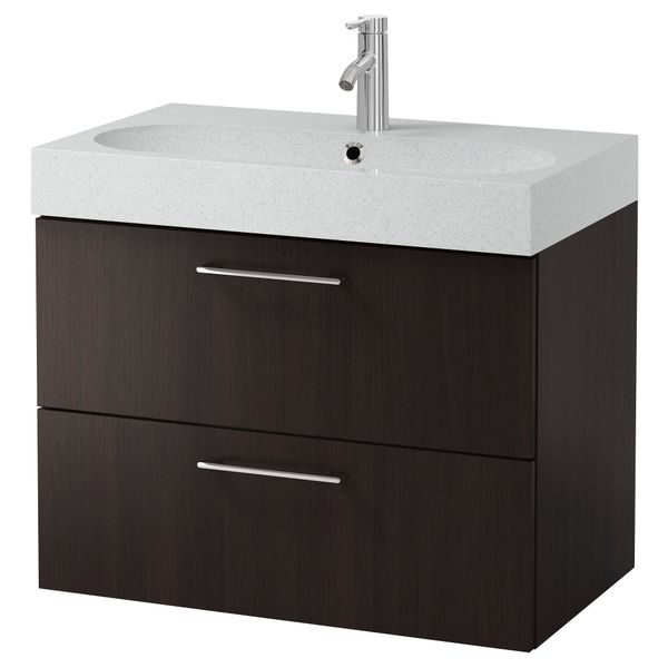 Шкаф для раковины с 2 ящиками ГОДМОРГОН / БРОВИКЕН, черно-коричневый, светло-серый (80x49x68 см) - фото 2