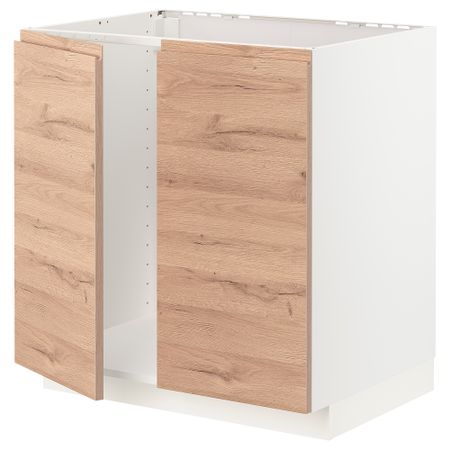 Напольный шкаф для мойки + 2 двери, 80x60 см, белый, Voxtorp под дуб IKEA METOD МЕТОД 494.675.96