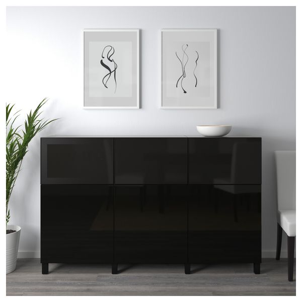 Комбинация для хранения с дверцами БЕСТО, черно-коричневый Сельсвикен, Глассвик глянцевый/черный дымчатое стекло (180x40x112 см) - схема-чертеж с размерами