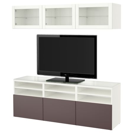 Шкаф для ТВ, комбинированный, стекляные дверцы БЕСТО, белый, Вальвикен темно-коричневый, прозрачное стекло (180x40x192 см)