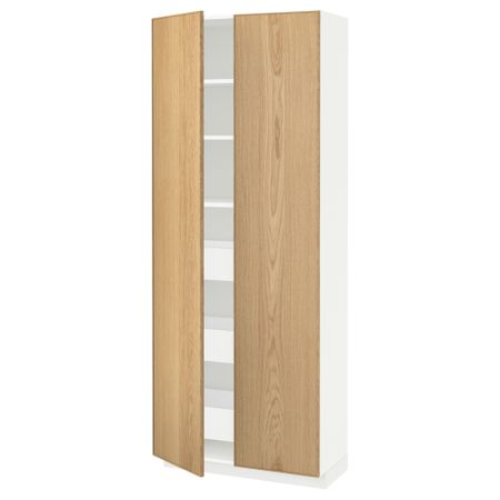 Высокий шкаф с ящиками, 2 дверцы МЕТОД / МАКСИМЕРА, белый, Экестад дуб (80x37x200 см)