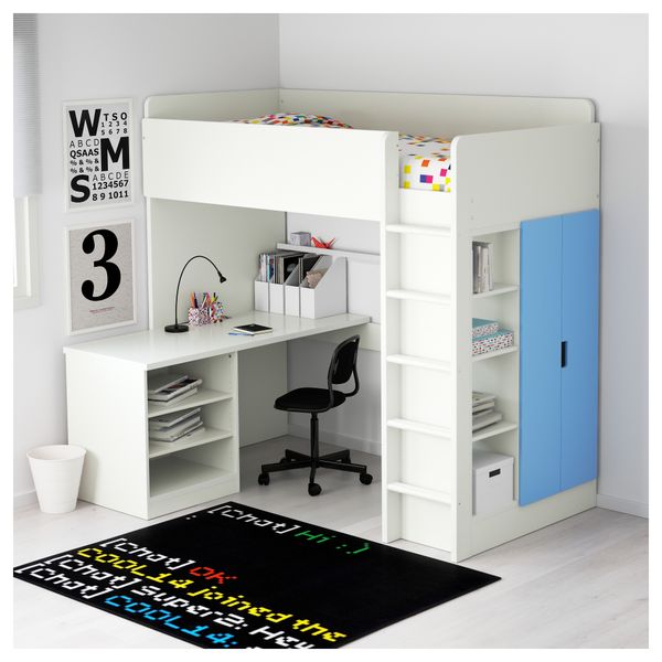 Кровать-чердак, 2 полки, 2 дверцы СТУВА, белый, синий (207x99x193 см) - фото 3