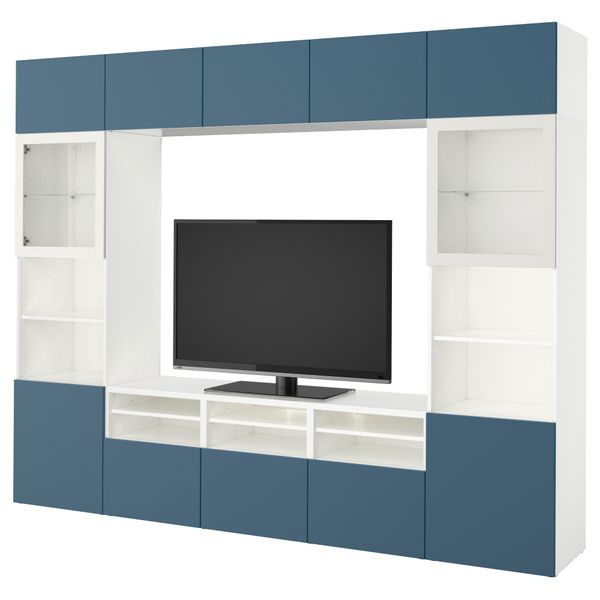 Шкаф для ТВ, комбинированный, стекляные дверцы БЕСТО, белый Вальвикен, темно-синий прозрачное стекло (300x40x230 см) - фото 1