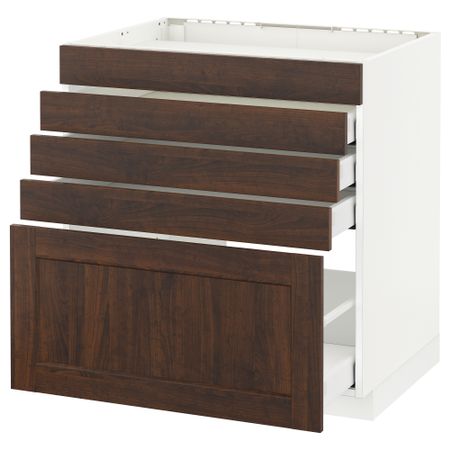 Напольный шкаф для варочной панели, 5 фасадов, 4 ящиков МЕТОД / МАКСИМЕРА, белый, Эдсерум коричневый