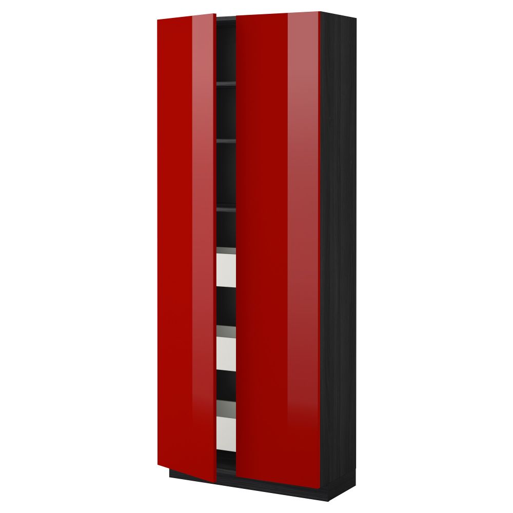 Высокий шкаф с ящиками, 2 дверцы МЕТОД / МАКСИМЕРА, черный, Рингульт красный (80x37x200 см) - схема-чертеж с размерами