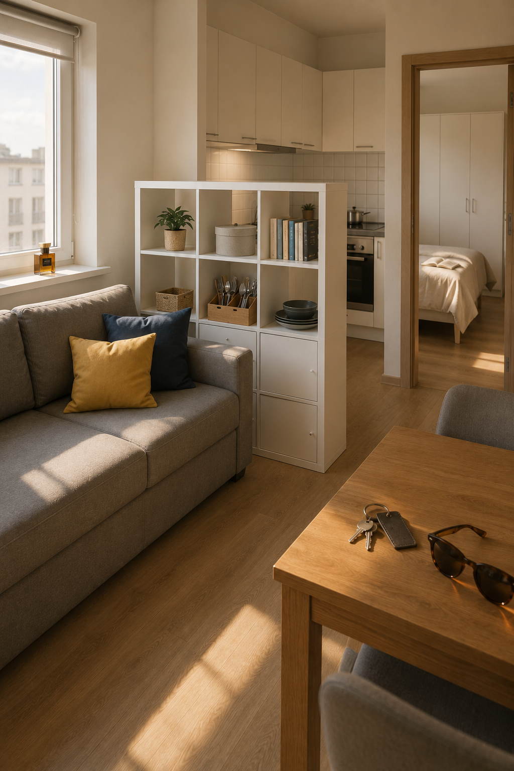 Правильное зонирование кухни-гостиной 12 м²: диван перпендикулярно окну, стеллаж-разделитель, вид в спальню