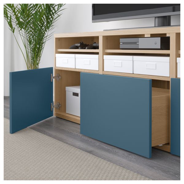 Шкаф для ТВ, комбинированный, стекляные дверцы БЕСТО, под беленый дуб Вальвикен, темно-синий прозрачное стекло (180x40x192 см) - фото 3