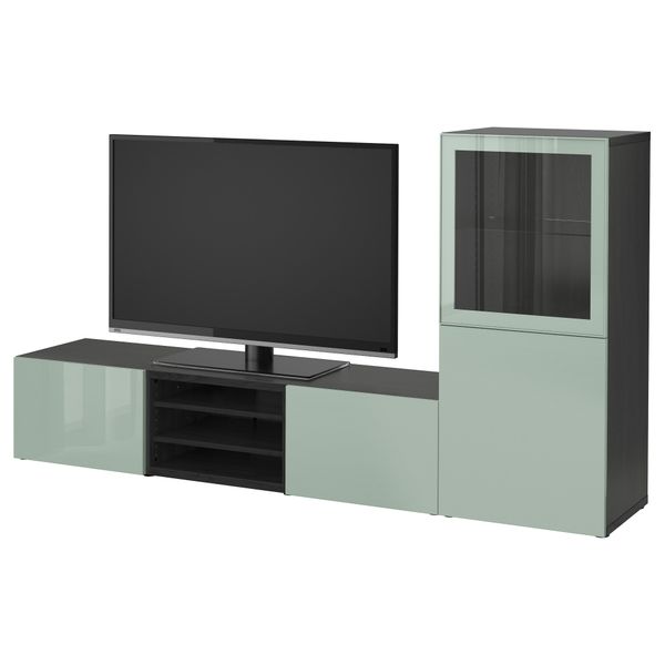 Шкаф для ТВ, комбинированный, стекляные дверцы БЕСТО, черно-коричневый Сельсвикен, глянцевый/серо-зеленый светлый прозрачное - фото 1