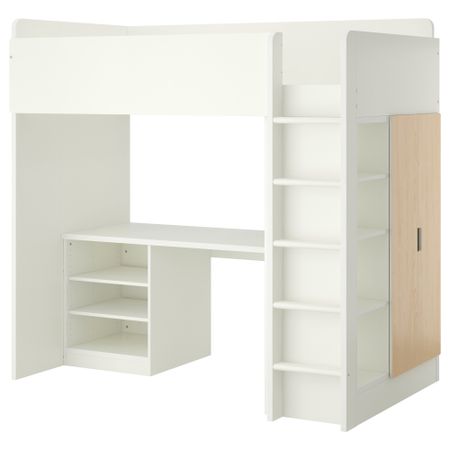 Кровать-чердак, 2 полки, 2 дверцы СТУВА, белый, береза (207x99x193 см)