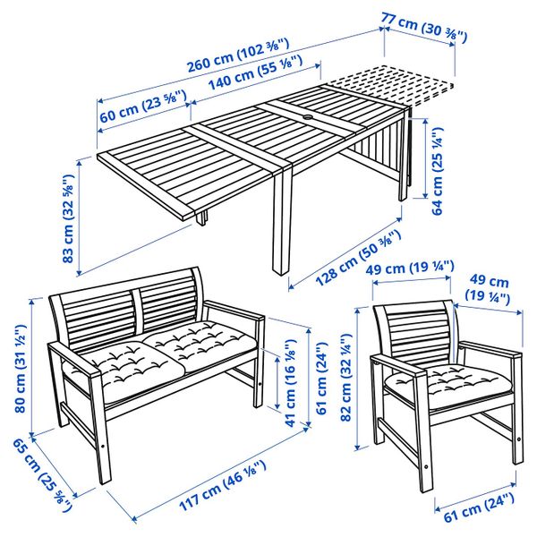 Стол + 2 кресла + скамья, для/сада, коричневая морилка/Куддарна бежевый IKEA ÄPPLARÖ ЭПЛАРО 892.882.96 - схема-чертеж с размерами