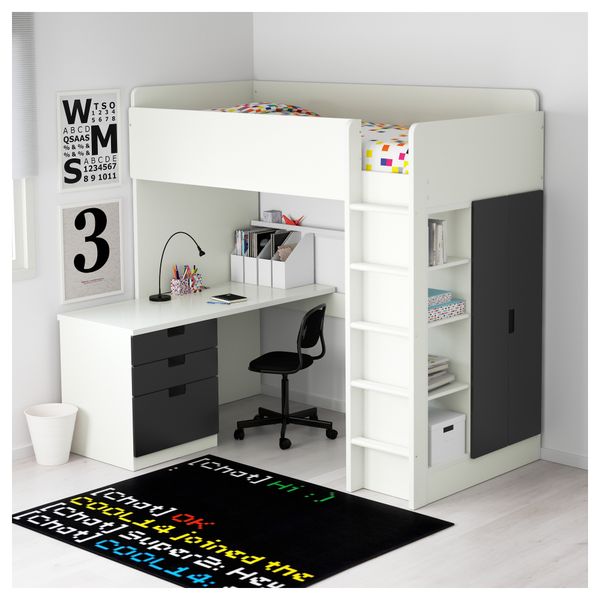 Кровать-чердак, 3 ящика, 2 дверцы СТУВА, белый, черный (207x99x193 см) - фото 3