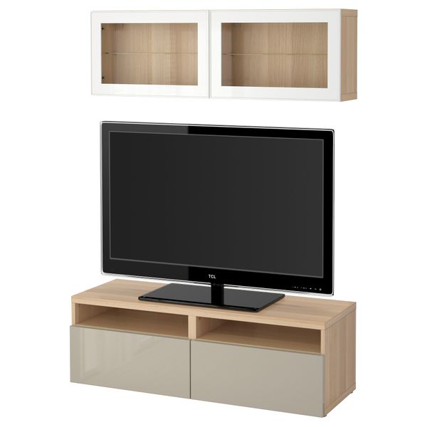 Шкаф для ТВ, комбинированный, стекляные дверцы БЕСТО, под беленый дуб, Сельсвикен глянцевый/бежевый прозрачное стекло - фото 1