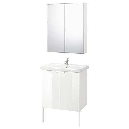 Комплект мебели для ванной,7 предм., глянцевый белый/ПИЛКОН смеситель 64x43x88 см IKEA FISKÅN ФИСКОН / TVÄLLEN ТВЭЛЛЕН