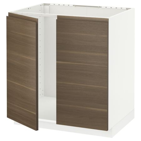 Напольный шкаф для мойки+2 двери, белый/Воксторп под грецкий орех 80x60 см IKEA METOD МЕТОД 894.470.97