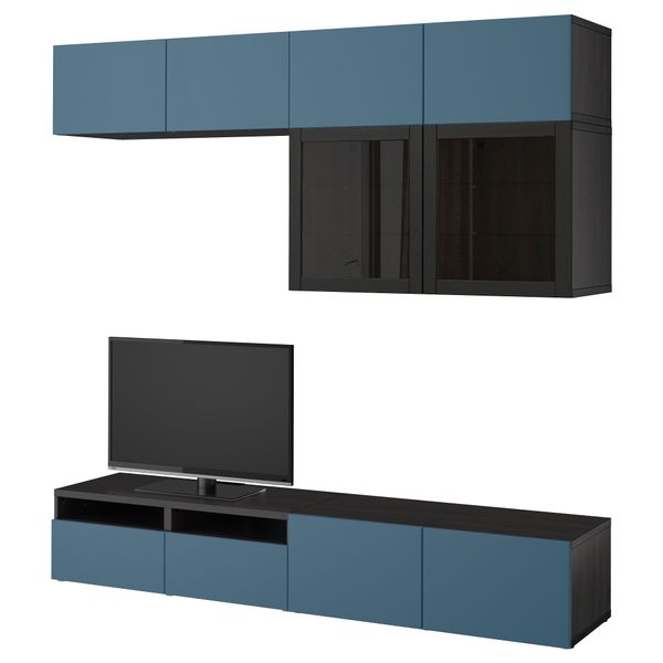 Шкаф для ТВ, комбинированный, стекляные дверцы БЕСТО, черно-коричневый Вальвикен, темно-синий прозрачное стекло (240x40x230 см) - фото 1