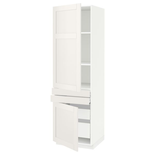 Высокий шкаф + полки, 4 ящик, 2 двери, 2 фронтальные МЕТОД / МАКСИМЕРА, белый, Сэведаль белый (60x60x200 см) - схема-чертеж с размерами