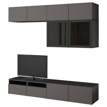 Шкаф для ТВ, комбинированный, стекляные дверцы БЕСТО, черно-коричневый Грундсвикен, темно-серый прозрачное стекло (240x40x230