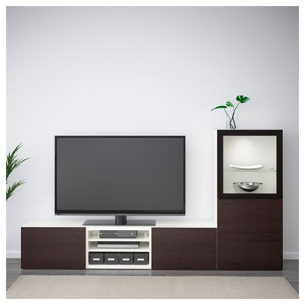 Шкаф для ТВ, комбинированный, стекляные дверцы БЕСТО, белый, Инвикен черно-коричневый прозрачное стекло (240x40x128 см) - фото 2