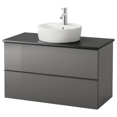 Шкаф п-раковину/столешн45/раковина ГОДМОРГОН/АЛДЕРН / ТОРНВИКЕН, глянцевый серый, черный (102x49x74 см)