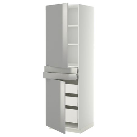 Высокий шкаф + полки, 5 ящиков, 2 дверцы, 2 фронтальных МЕТОД / МАКСИМЕРА, белый, Гревста нержавеющ сталь