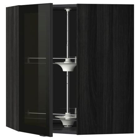 Угловой навесной шкаф с вращающающейся секцией, стеклянными дверцами МЕТОД, черный, Ютис дымчатое стекло