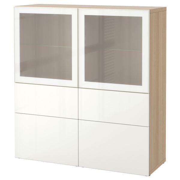 Комбинация для хранения со стеклянными дверцами БЕСТО, под беленый дуб, Сельсвикен глянцевый/белый матовое стекло (120x40x128 - фото 1