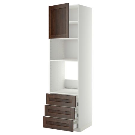 Высокий шкаф для духовки/СВЧ дверца, 3 ящика МЕТОД / МАКСИМЕРА, белый, Эдсерум коричневый