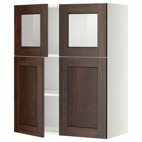 Навесной шкаф, полки, 2 двери, 2 стеклянные дверцы МЕТОД, белый, Эдсерум коричневый (80x100 см) - схема-чертеж с размерами