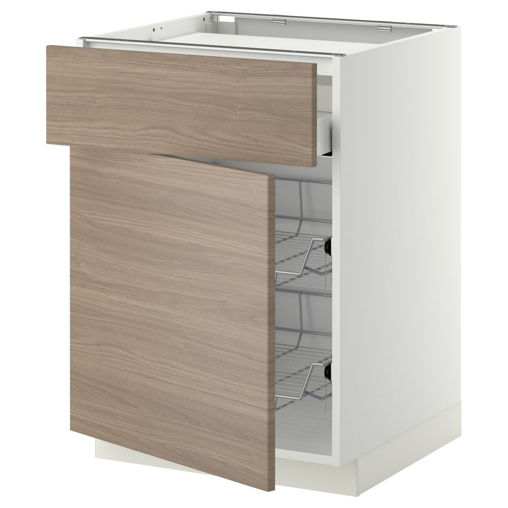 Напольный шкаф для варочной панели, ящик, 2 проволочных корзины МЕТОД / МАКСИМЕРА, белый, Брокхульт светло-серый (60x60 см) - фото 1