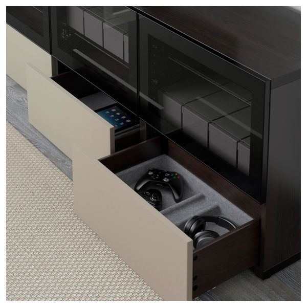 Тумба под ТВ, с дверцами и ящиками БЕСТО, черно-коричневый, Сельсвикен глянцевый/бежевый прозрачное стекло (180x40x64 см) - фото 3